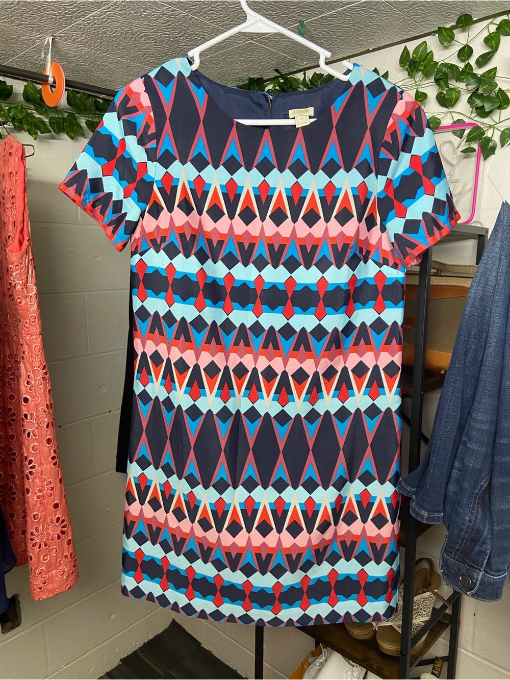 J. Crew Navy Geometric Shift Dress with Coral and Aqua Accents